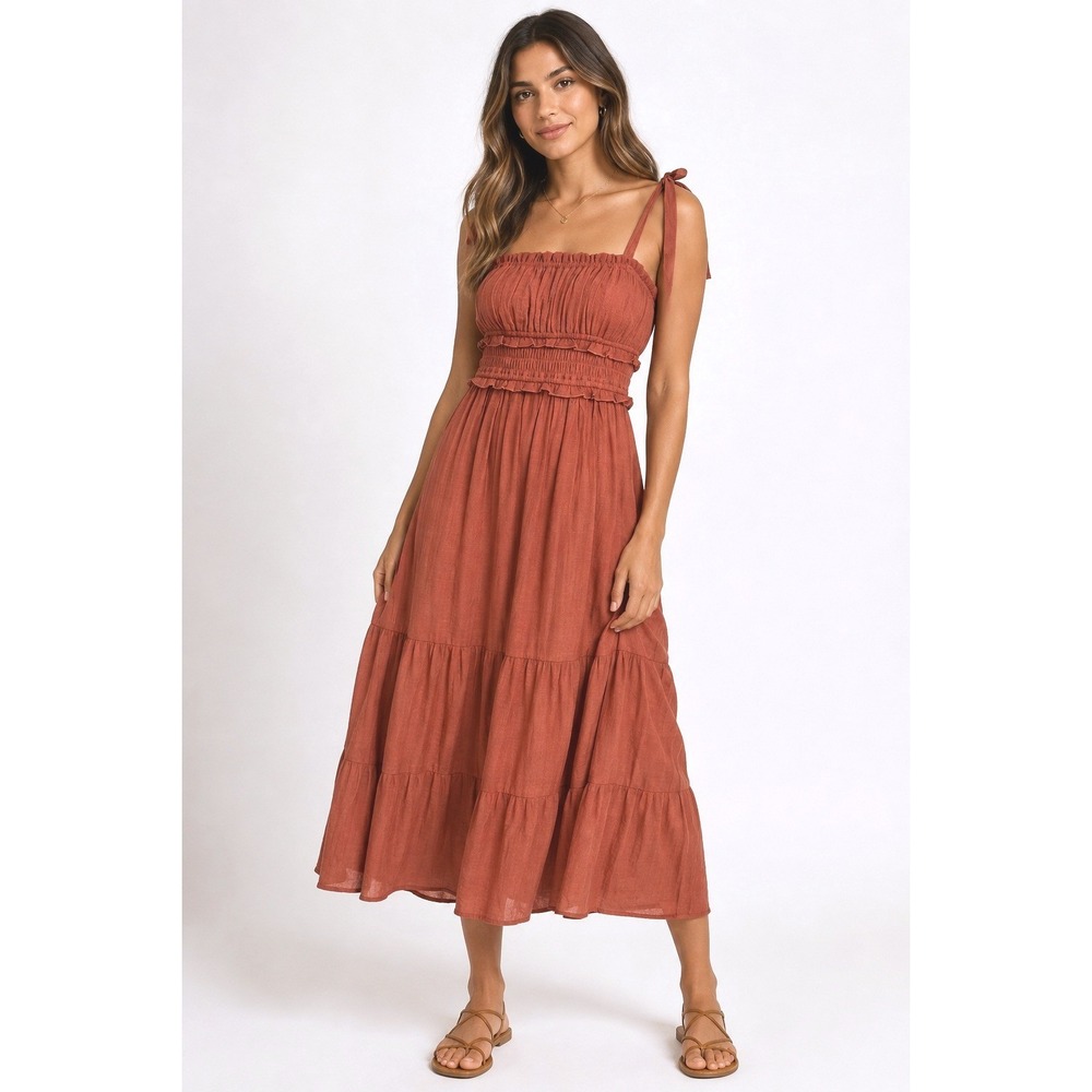 NWT Just Found Women's Large Rust Smocked Tie Strap Tiered Midi Dress Boho Lined